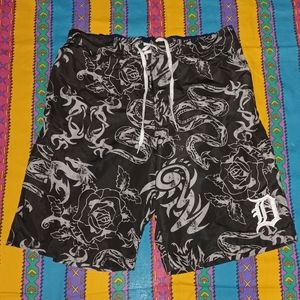 Detroit Tigers Skull & Roses Snakes Swimming Swim Trunks Board Shorts Vintage